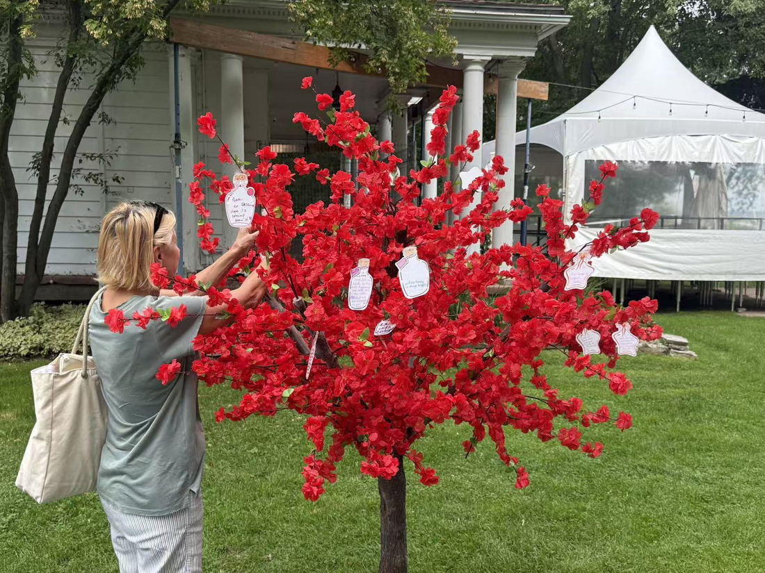 A resident tying a wish to the blossom tree